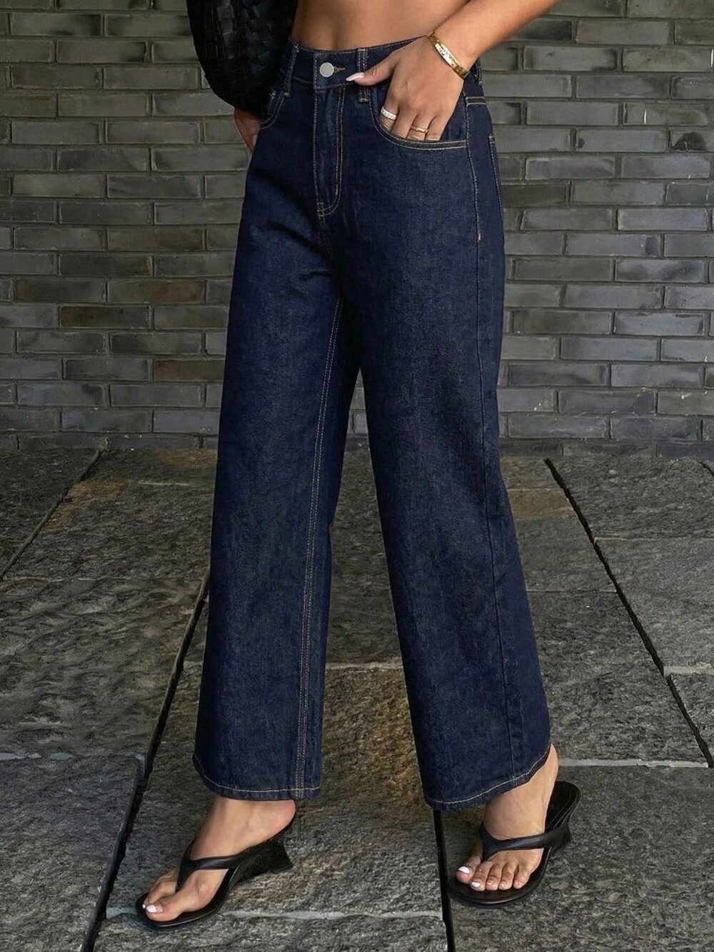 Dark Wash Casual Women's Straight Leg Cropped Jeans Y2k - Picture 3 of 4